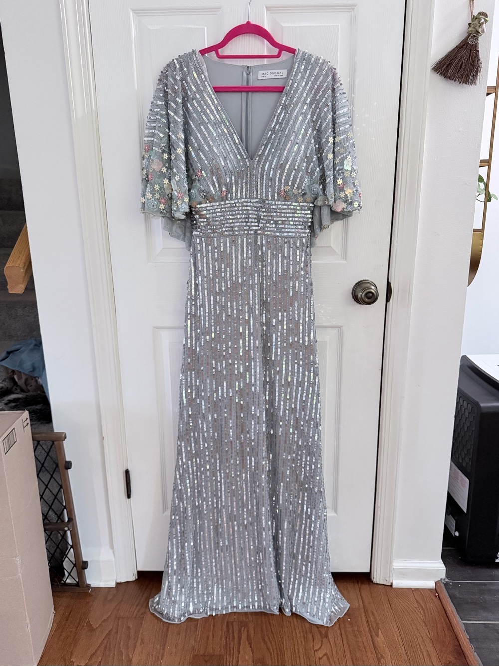 Mac Duggal Silver Sequin V-Neck Cape Gown